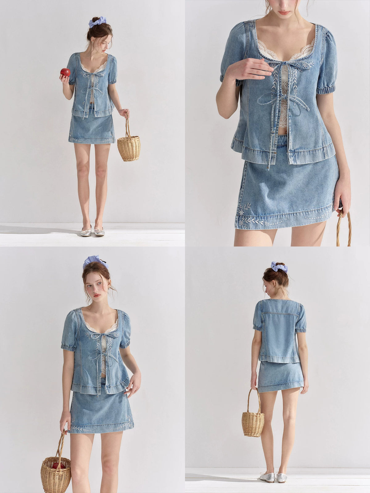 Embroidered Floral Denim Top &amp; Skort Set