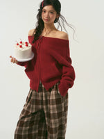 Red Off Shoulder Zip Cardigan