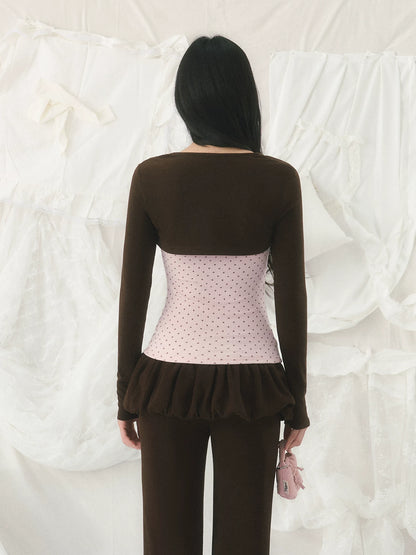 Contrast Polka Dot Crop Top &amp; Cardigan Set