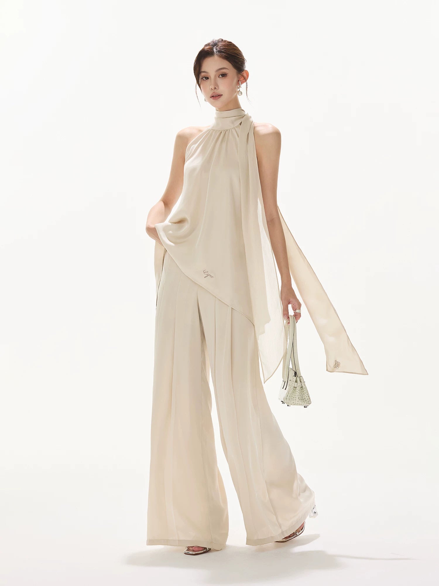 Light Champagne Satin Pleated Pants