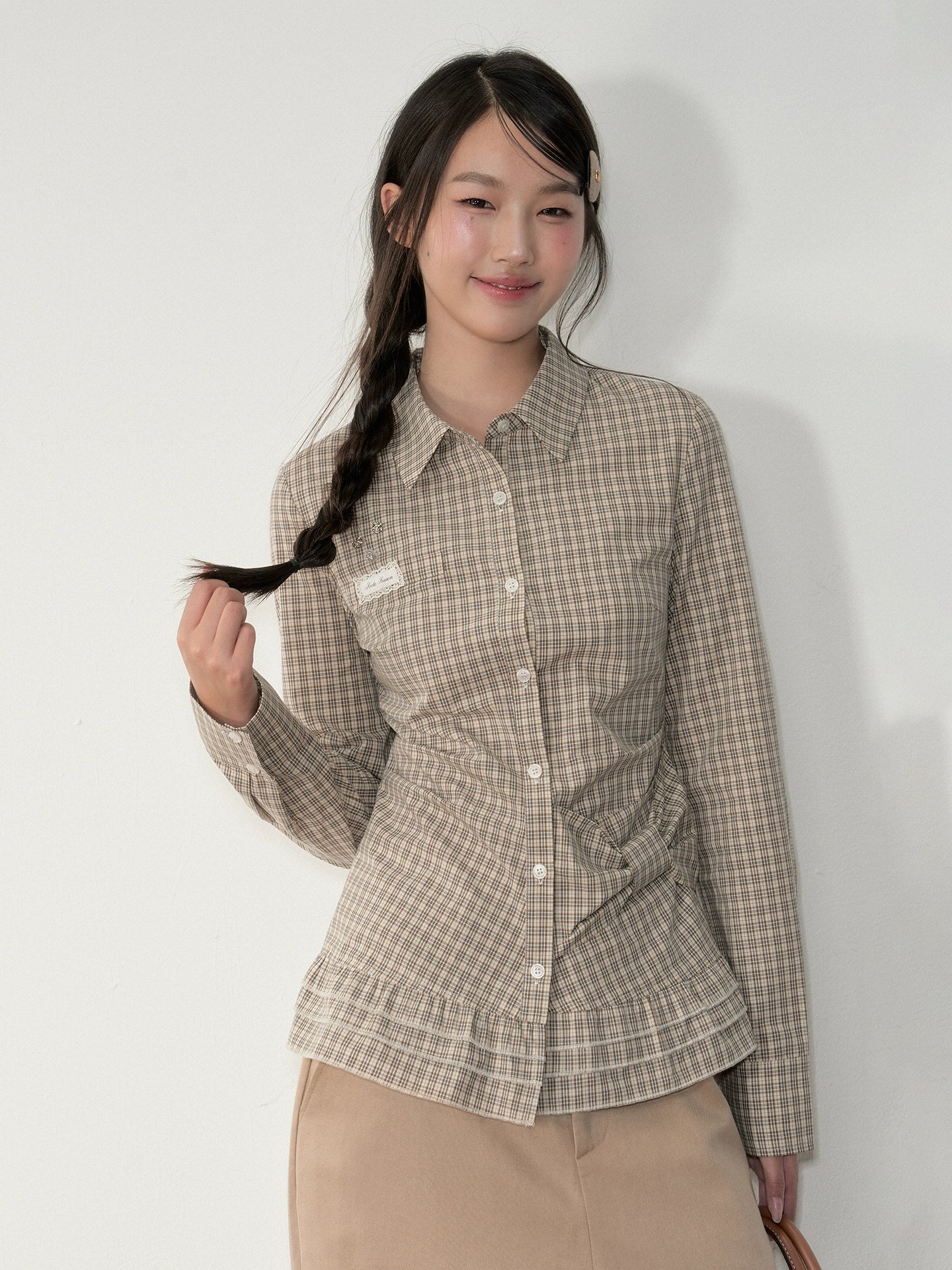 Khaki &amp; White Vintage Plaid Blouse