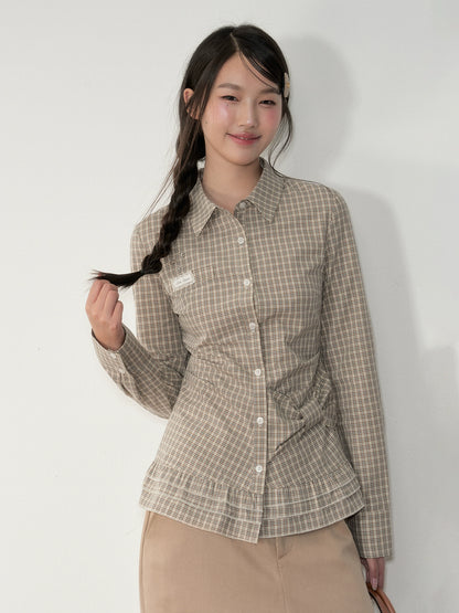 Khaki &amp; White Vintage Plaid Blouse