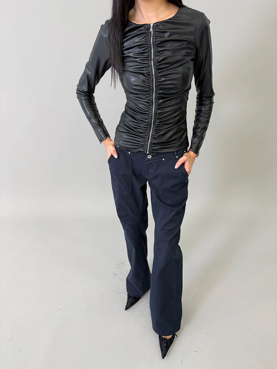 Ruched Burnout Slim Cropped Faux-Leather Jacket
