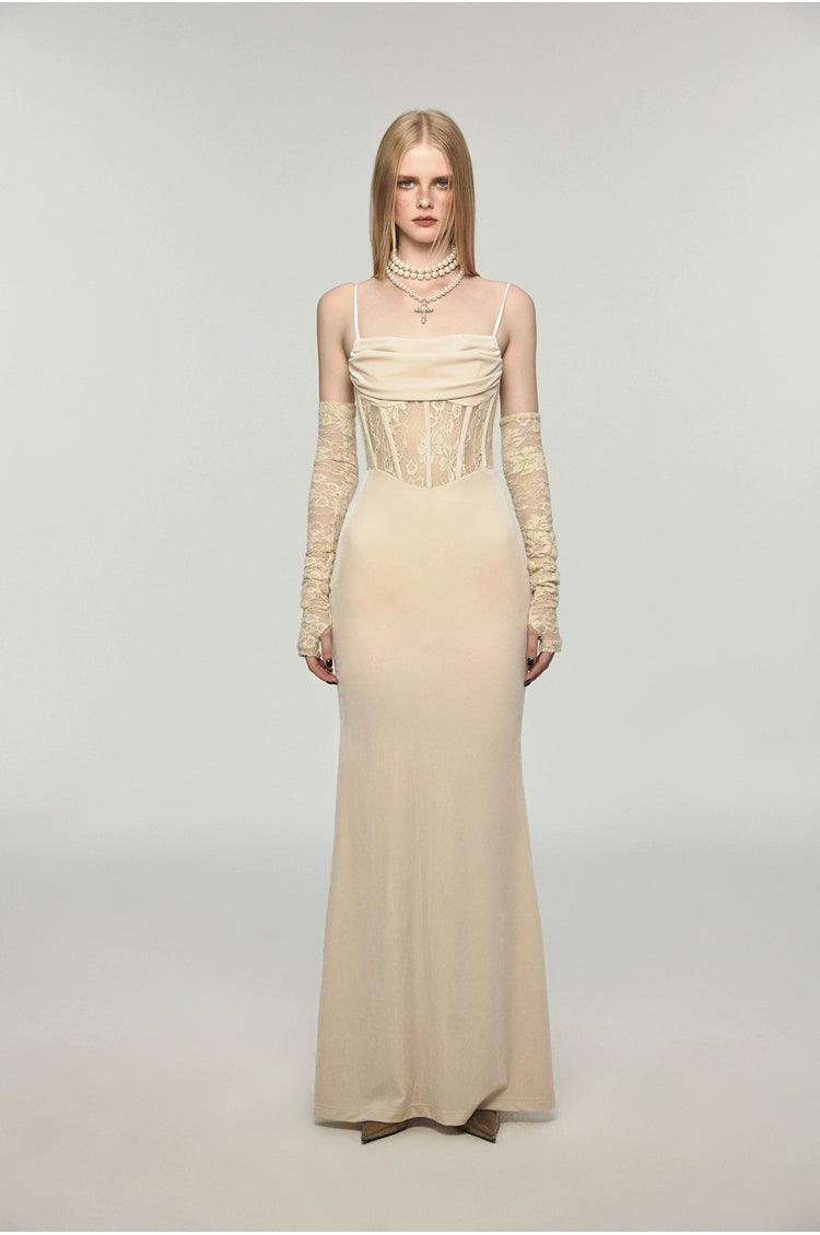 Fishbone Strap Long Velvet Bodycon Dress