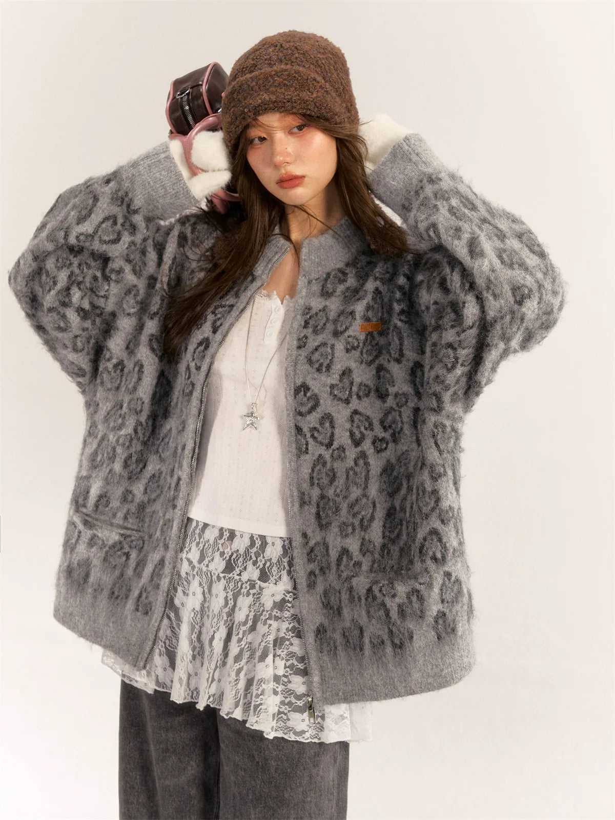 Brown &amp; Gray Leopard Print Cardigan