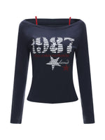 Vintage Number Printed Off-Shoulder Tee