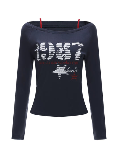 Vintage Number Printed Off-Shoulder Tee