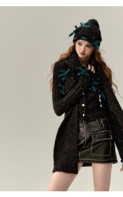 Red &amp; Black Bow Decorated Knit Cardigan