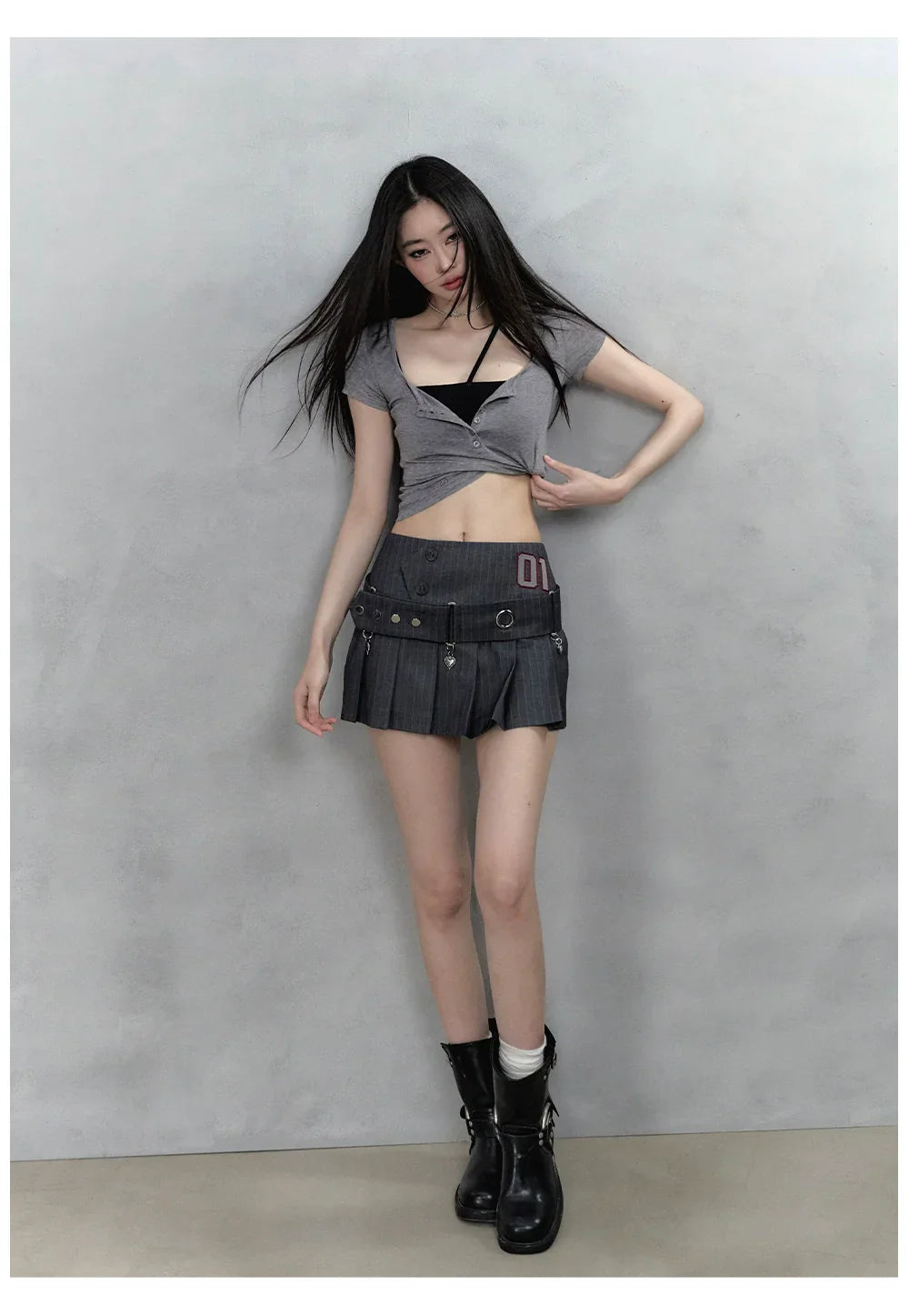 Black &amp; Grey Henley Collar Embroidered T-Shirt