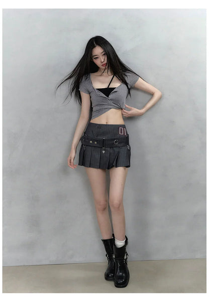 Black &amp; Grey Henley Collar Embroidered T-Shirt