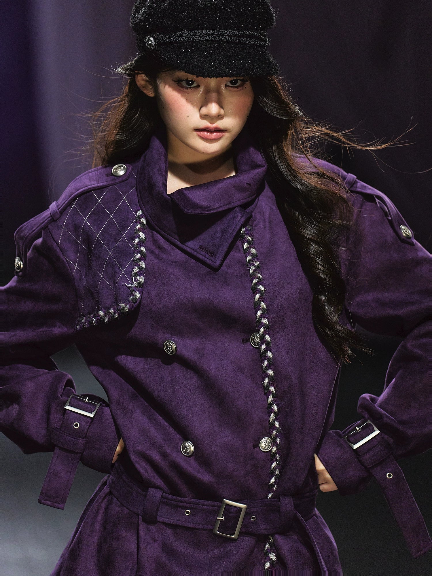 Purple Suede Stand-Collar Trench Jacket