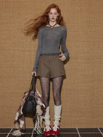 Brown Plaid Wool Belted Shorts