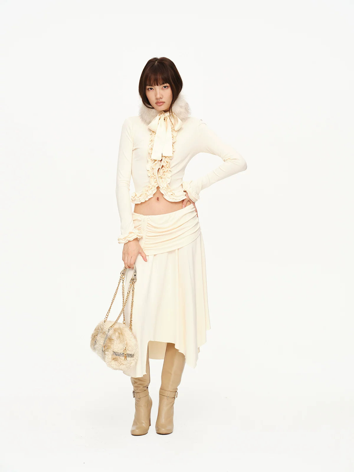 Ruched Ruffle Cardigan &amp; Skirt Set