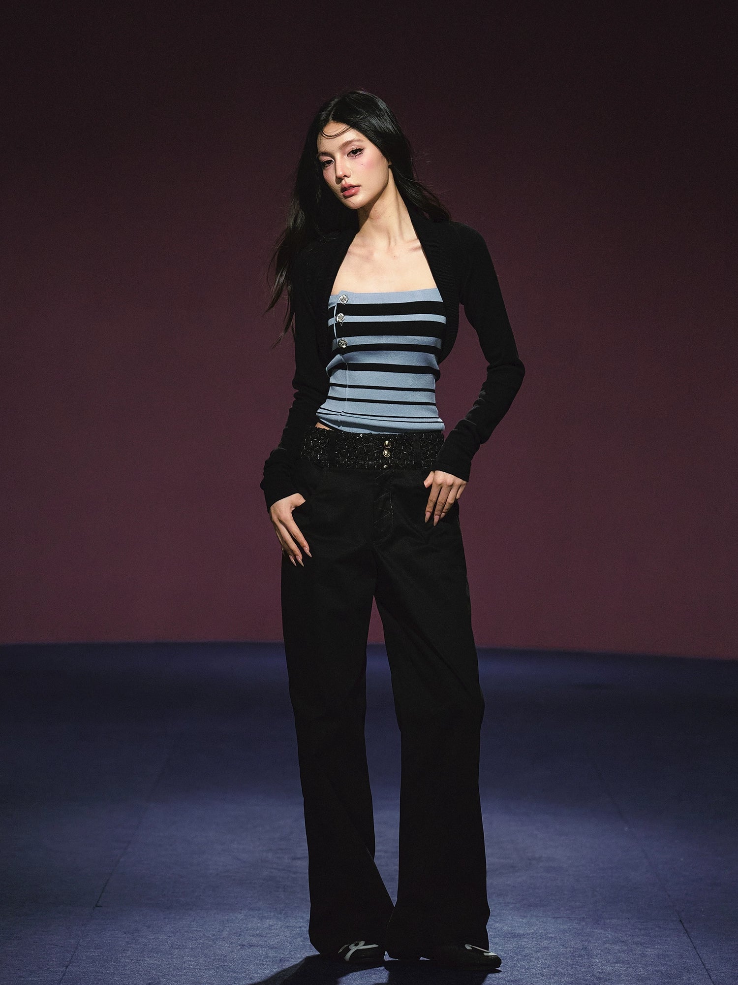 Striped Contrast Hand-Sewn Button Tube Top &amp; Shrug Set