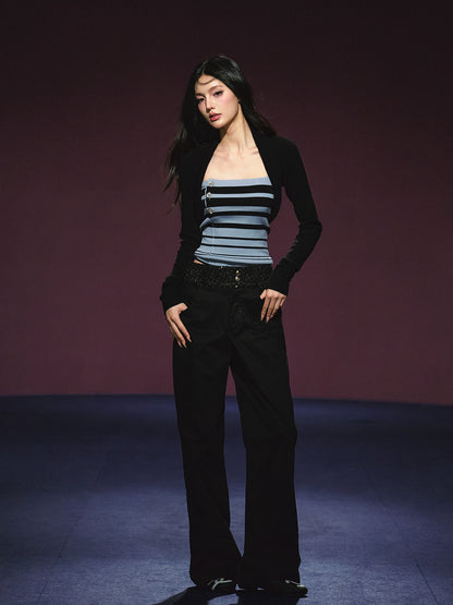 Striped Contrast Hand-Sewn Button Tube Top &amp; Shrug Set