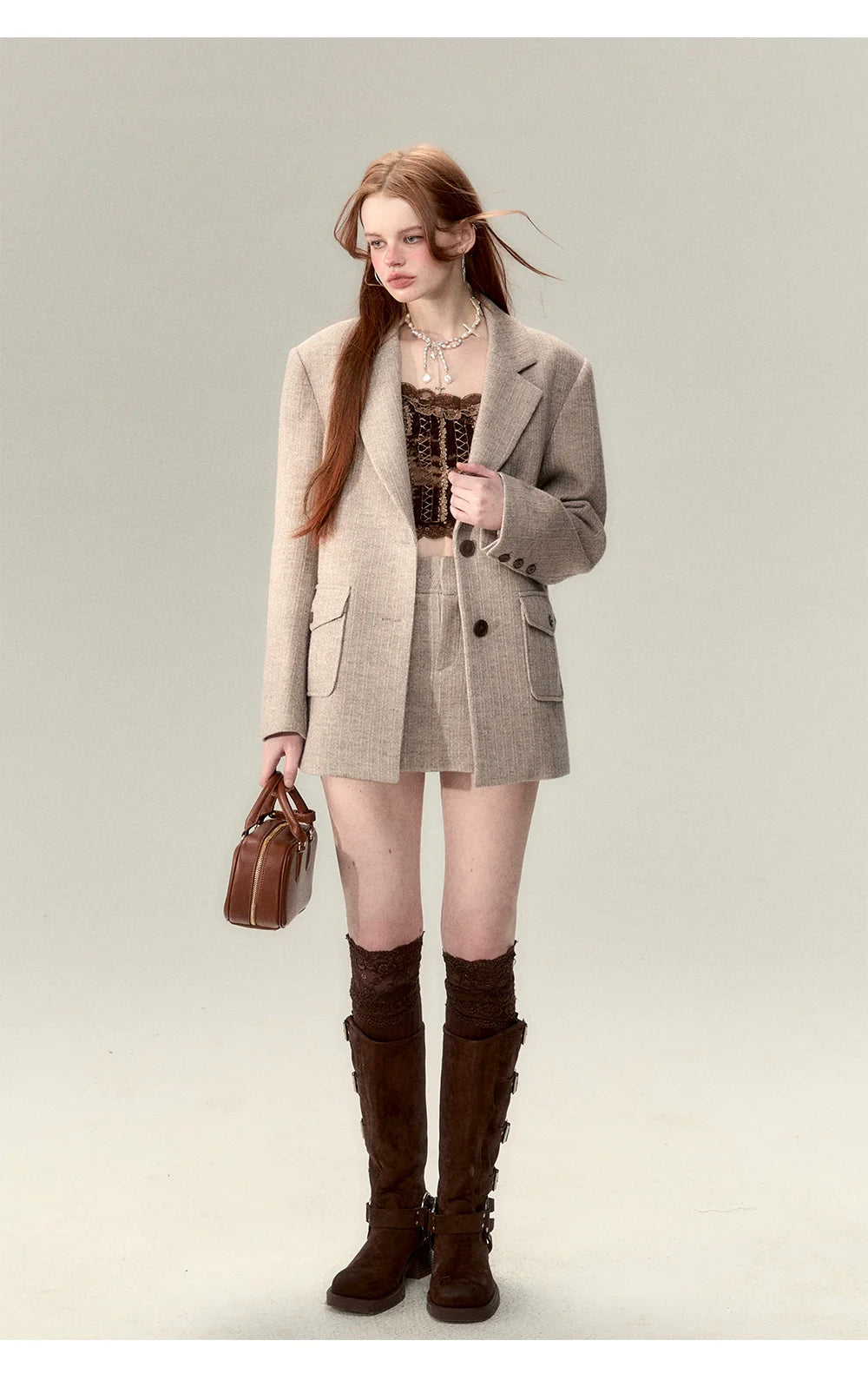 Coffee-Colored Suit Jacket &amp; Skirt Set