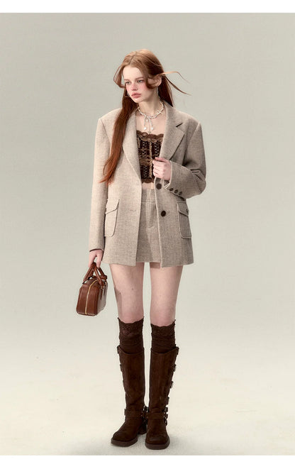 Coffee-Colored Suit Jacket &amp; Skirt Set