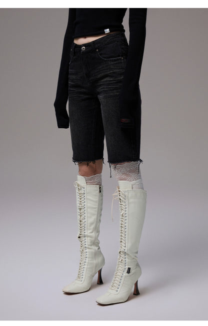 Washed Denim Biker Shorts
