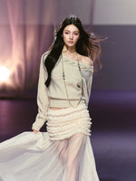 Apricot & Purple Cable Knit Off Shoulder Sweater