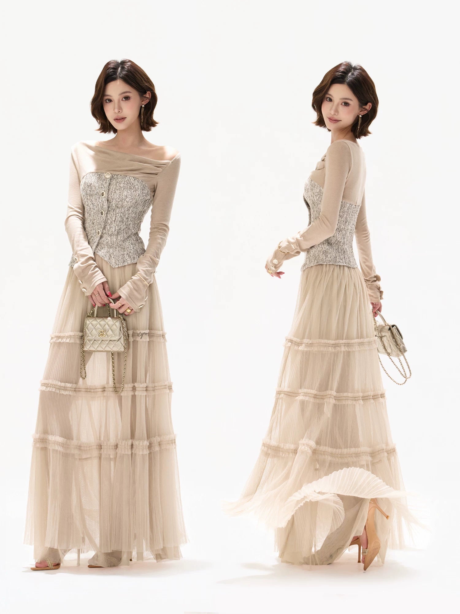 Champagne Pleated Mesh Skirt
