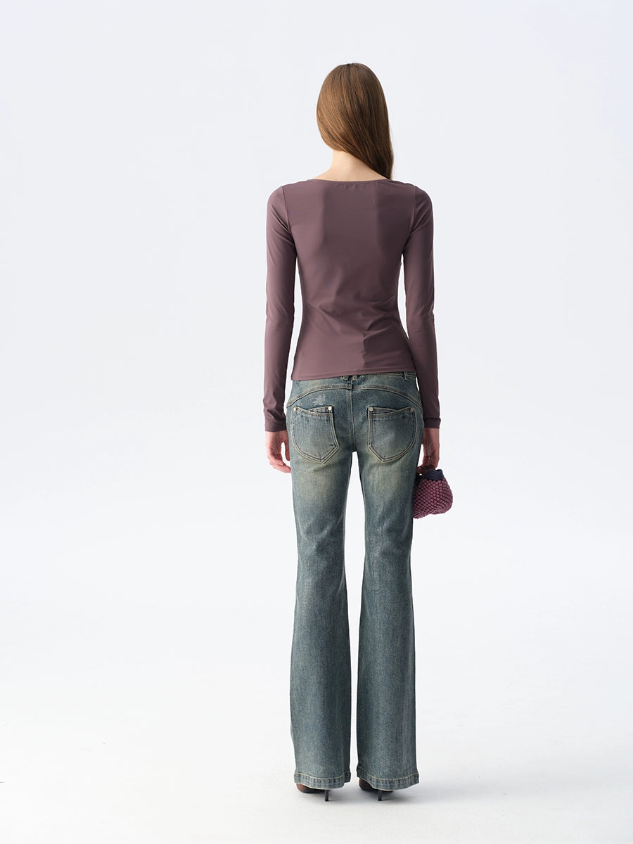 Ruched Low-Neck Knit Top