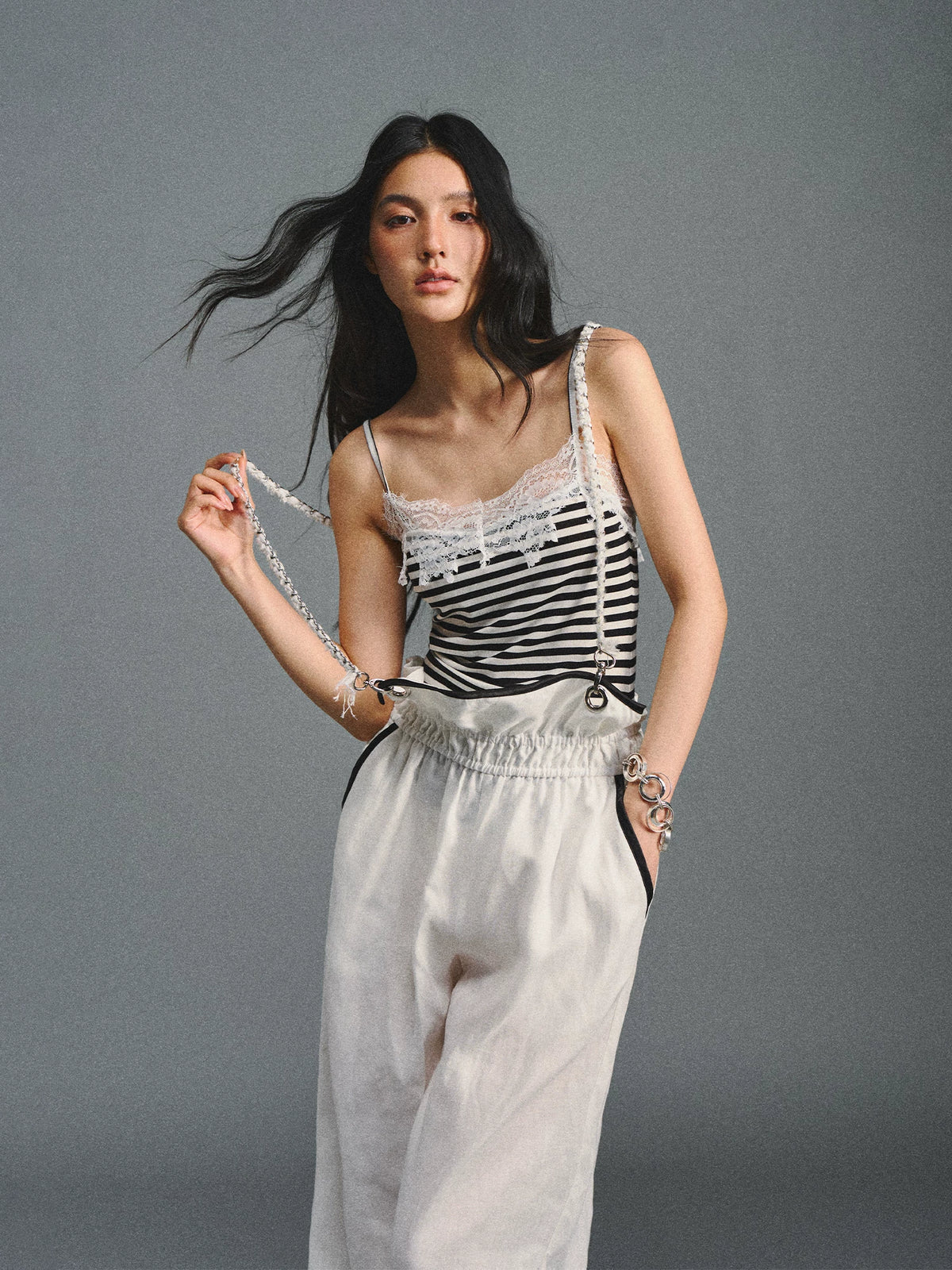 White Linen Chain-Strap Pants