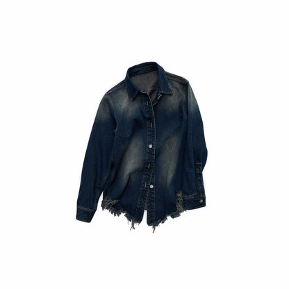 Vintage Washed Frayed-Edge Denim Shirt