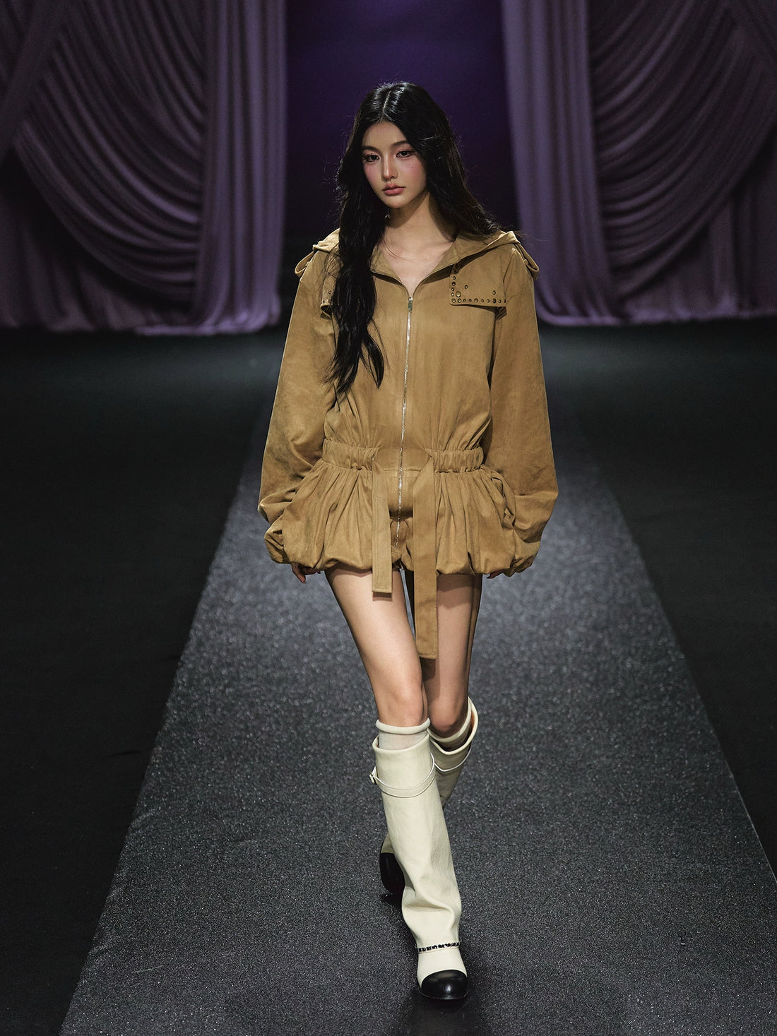 Studded Suede Hooded Trench Coat