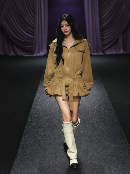Studded Suede Hooded Trench Coat