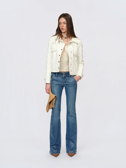White Paneled Fitted Faux-Leather Jacket