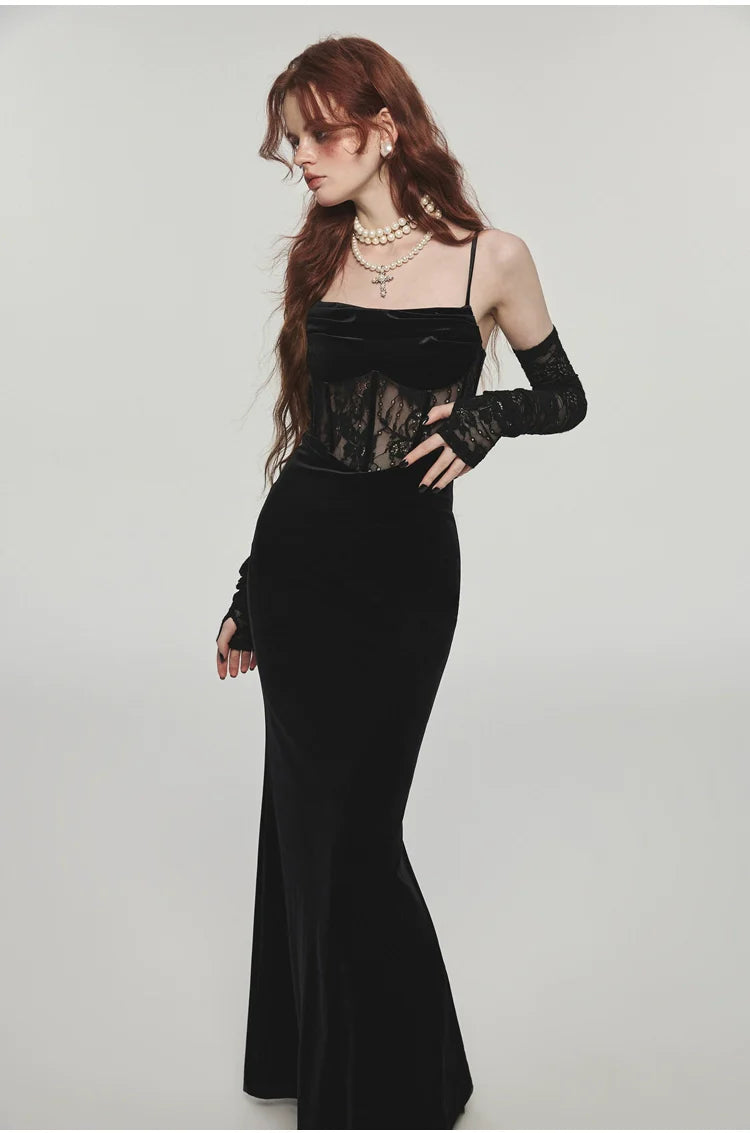 Mermaid Strap Long Velvet Bodycon Dress