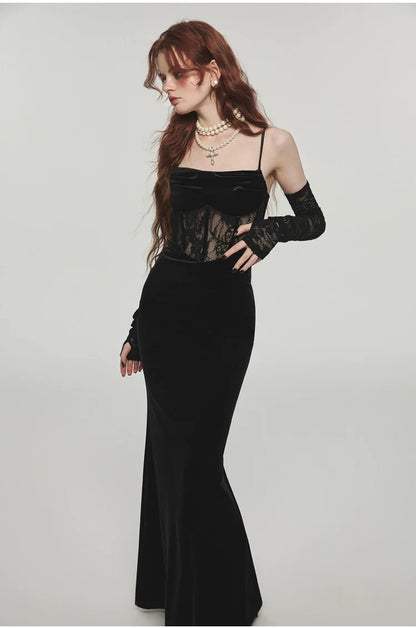 Mermaid Strap Long Velvet Bodycon Dress