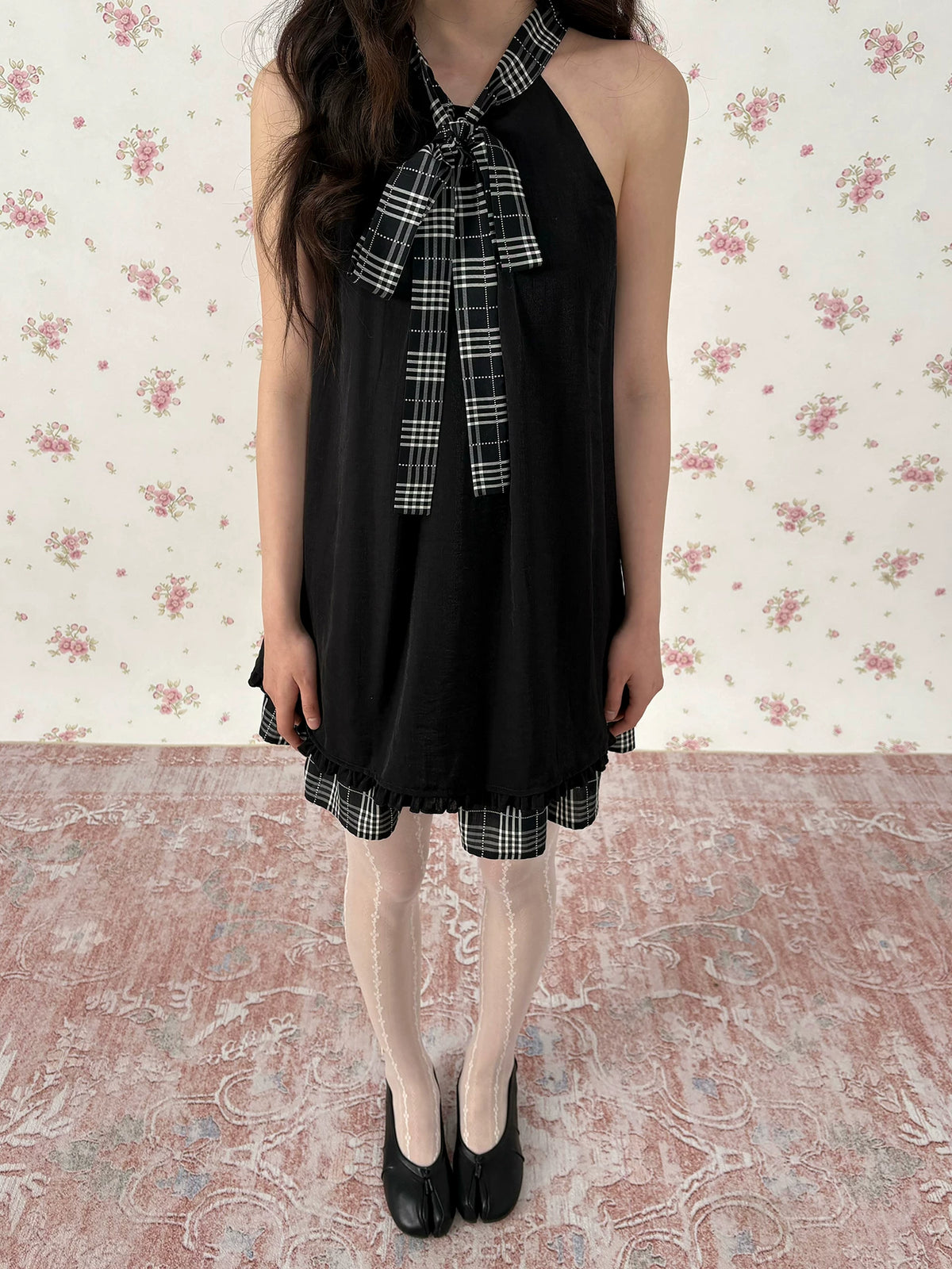 Black Ruffle Plaid Halter Dress