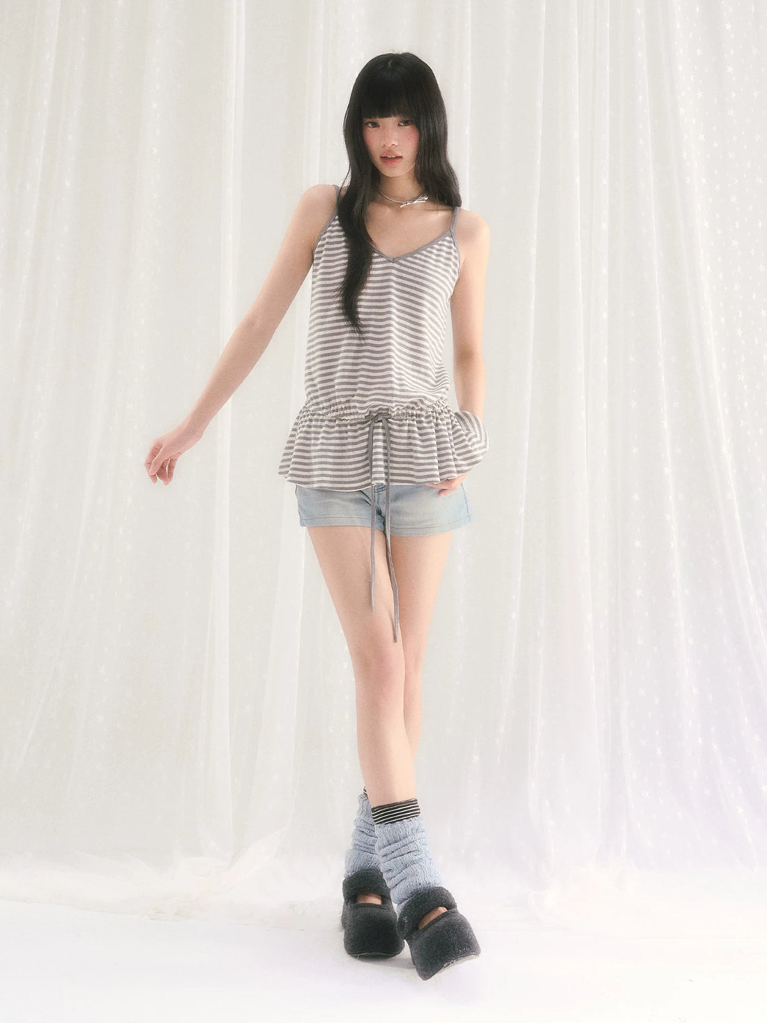 Gray Stripe Drawstring Top