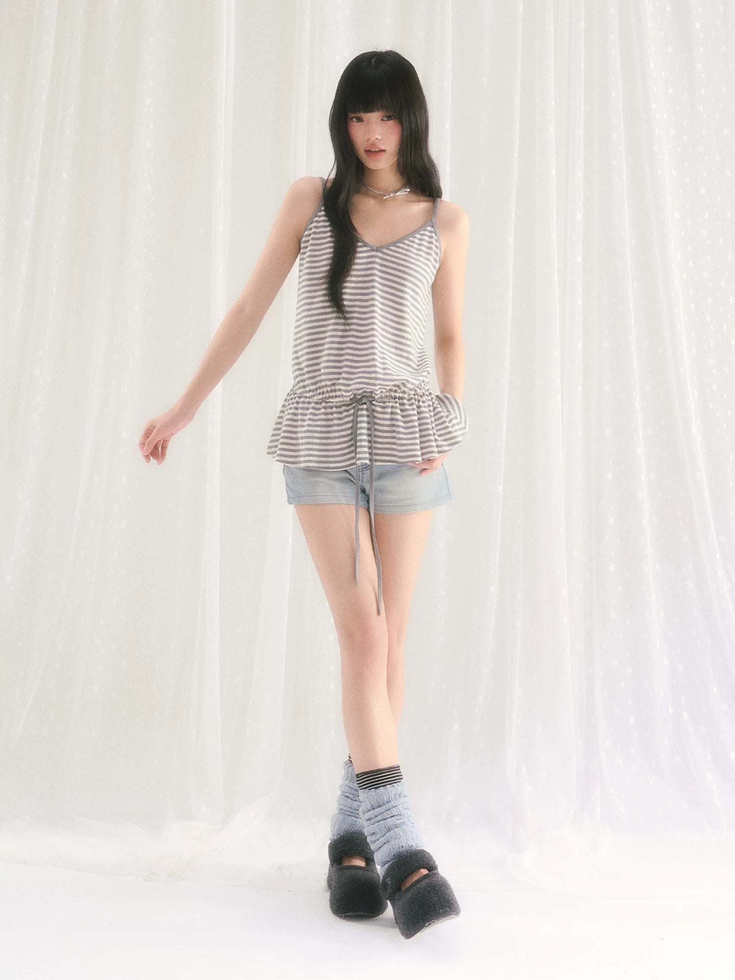 Gray Stripe Drawstring Top