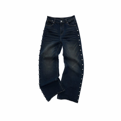 Mud-Dyed Washed Studded Straight-Leg Jeans