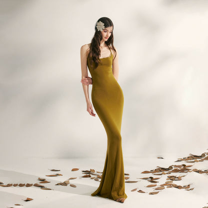 Beaded Halter Knit Fishtail Dress
