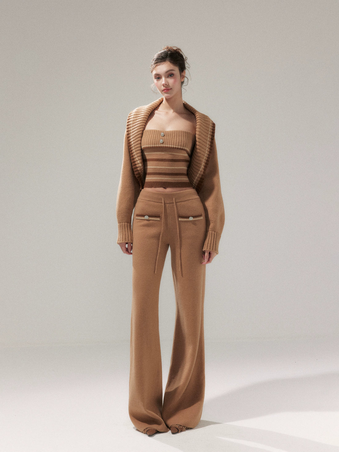 Khaki Striped Oversized Collar Knit Cardigan and Pants Set