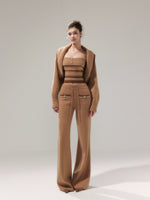 Khaki Striped Oversized Collar Knit Cardigan and Pants Set
