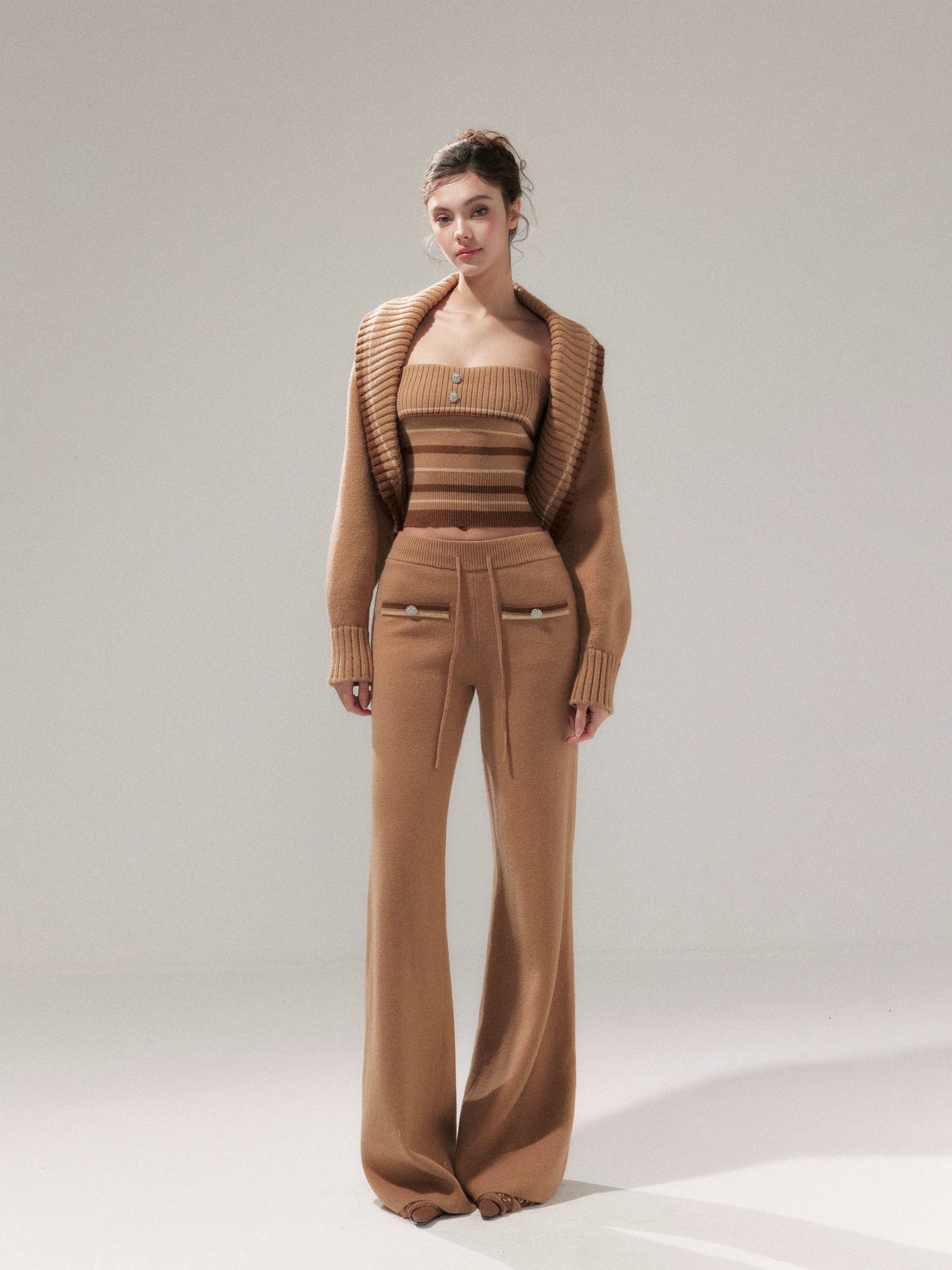 Khaki Striped Oversized Collar Knit Cardigan and Pants Set