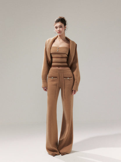 Khaki Striped Oversized Collar Knit Cardigan and Pants Set