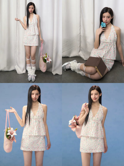 Floral Halter Tie Camisole &amp; Skirt Set