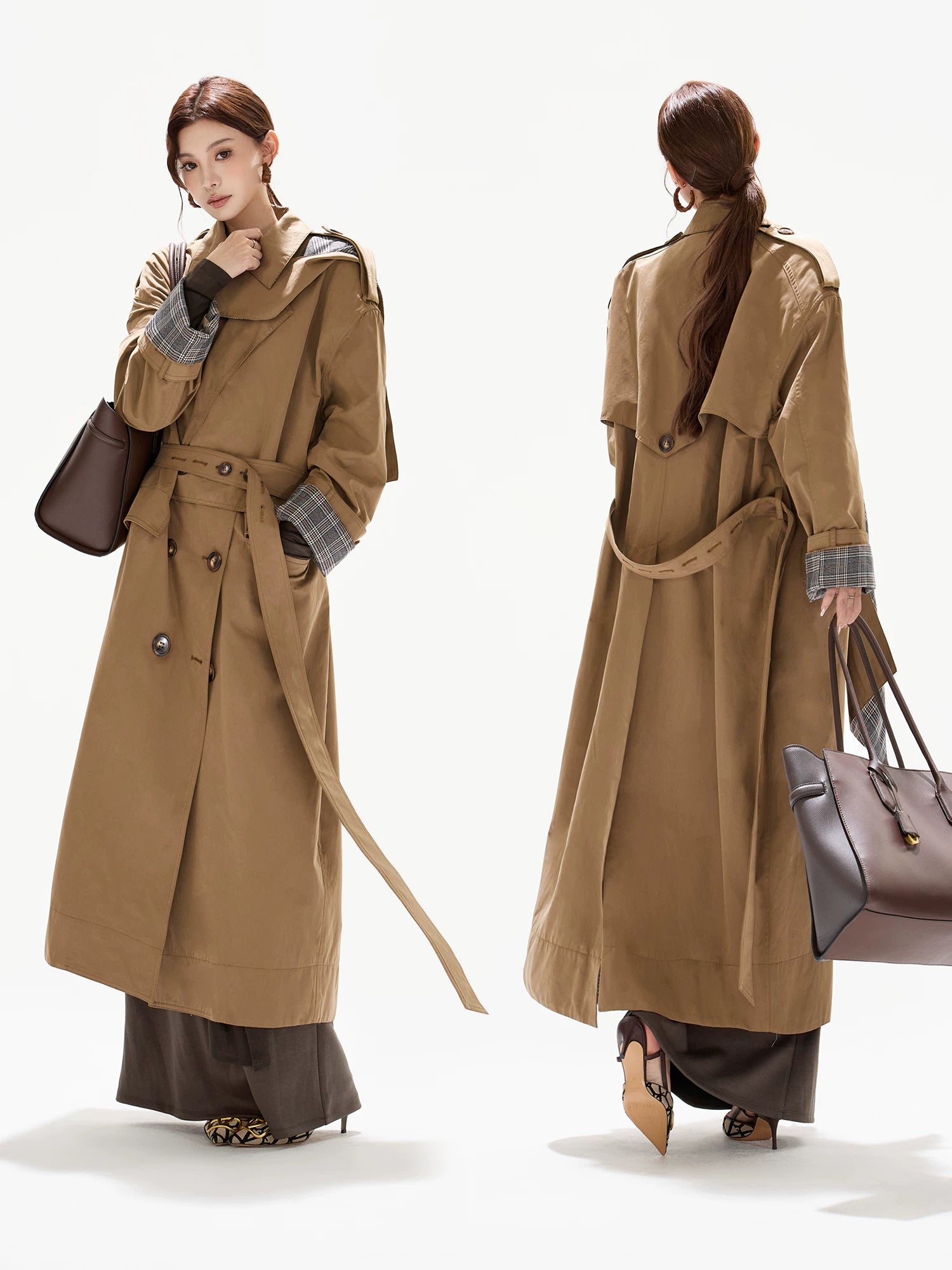 Khaki Plaid Belted Trench Coat