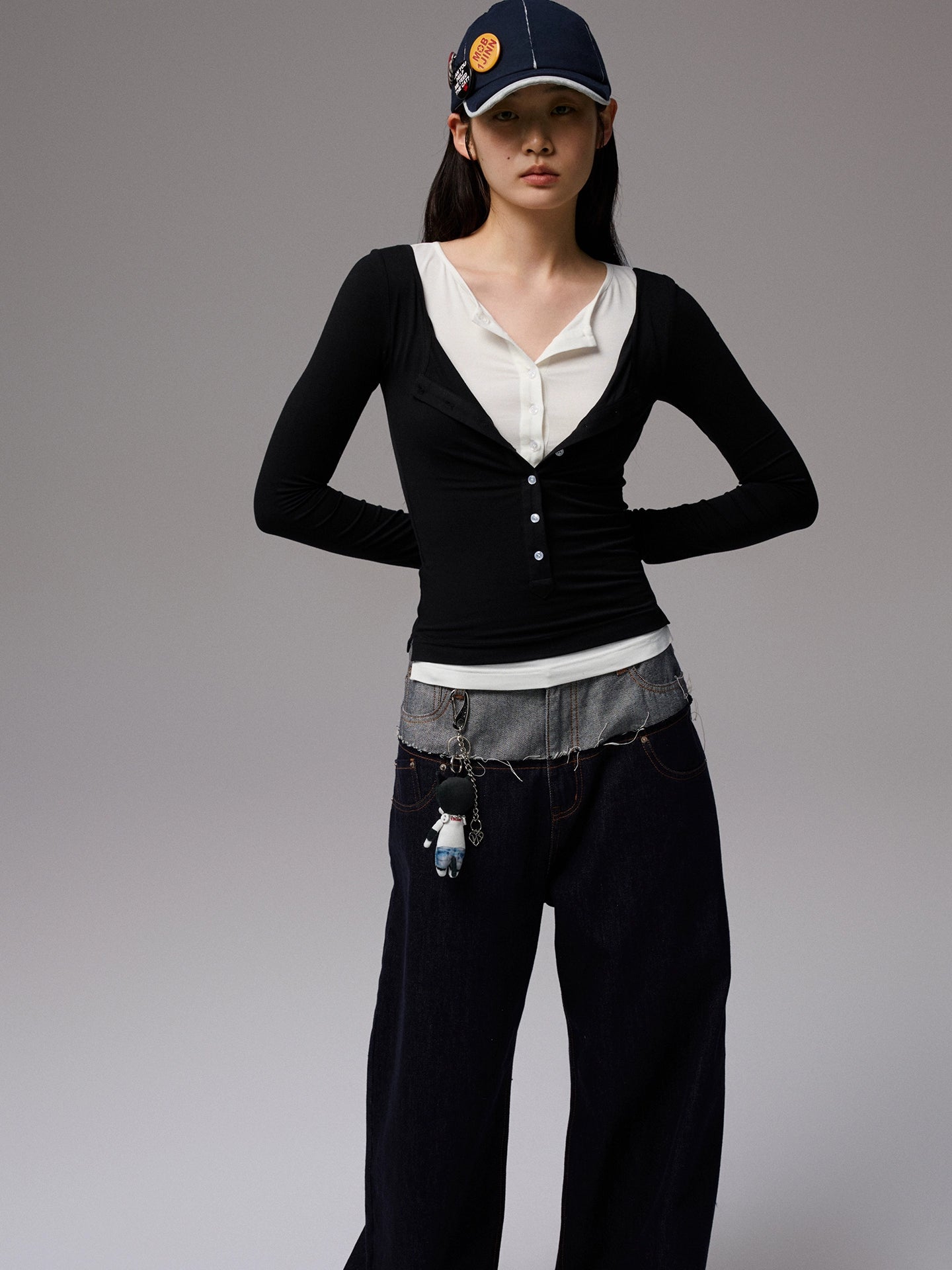 Contrast Layered Henley Blouse