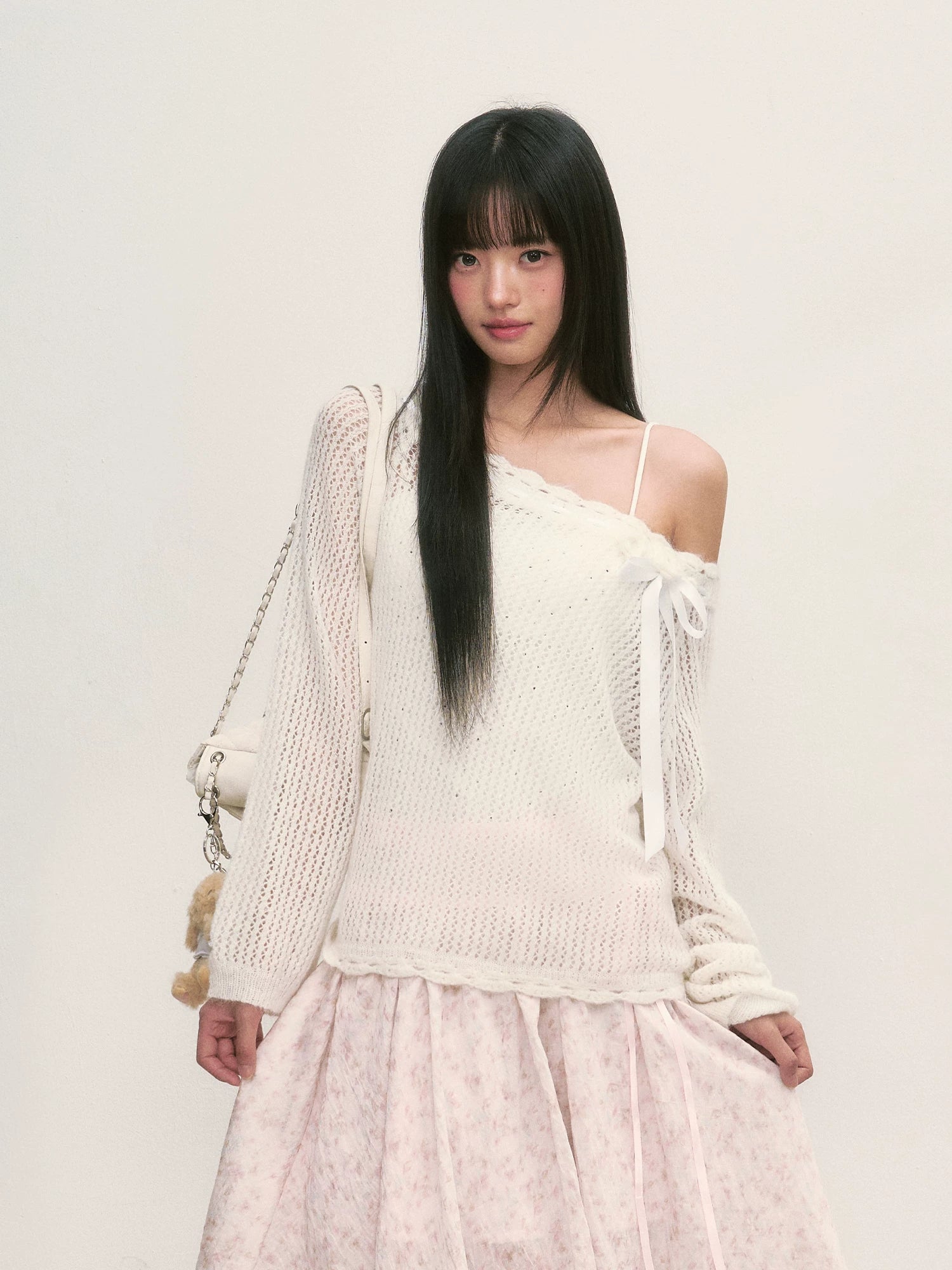 White Lace Knit Blouse &amp; Skirt Set