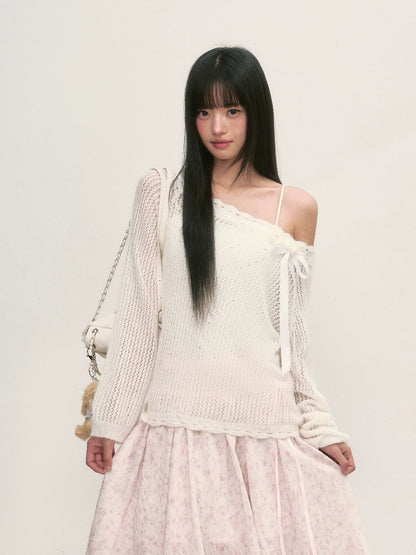 White Lace Knit Blouse &amp; Skirt Set