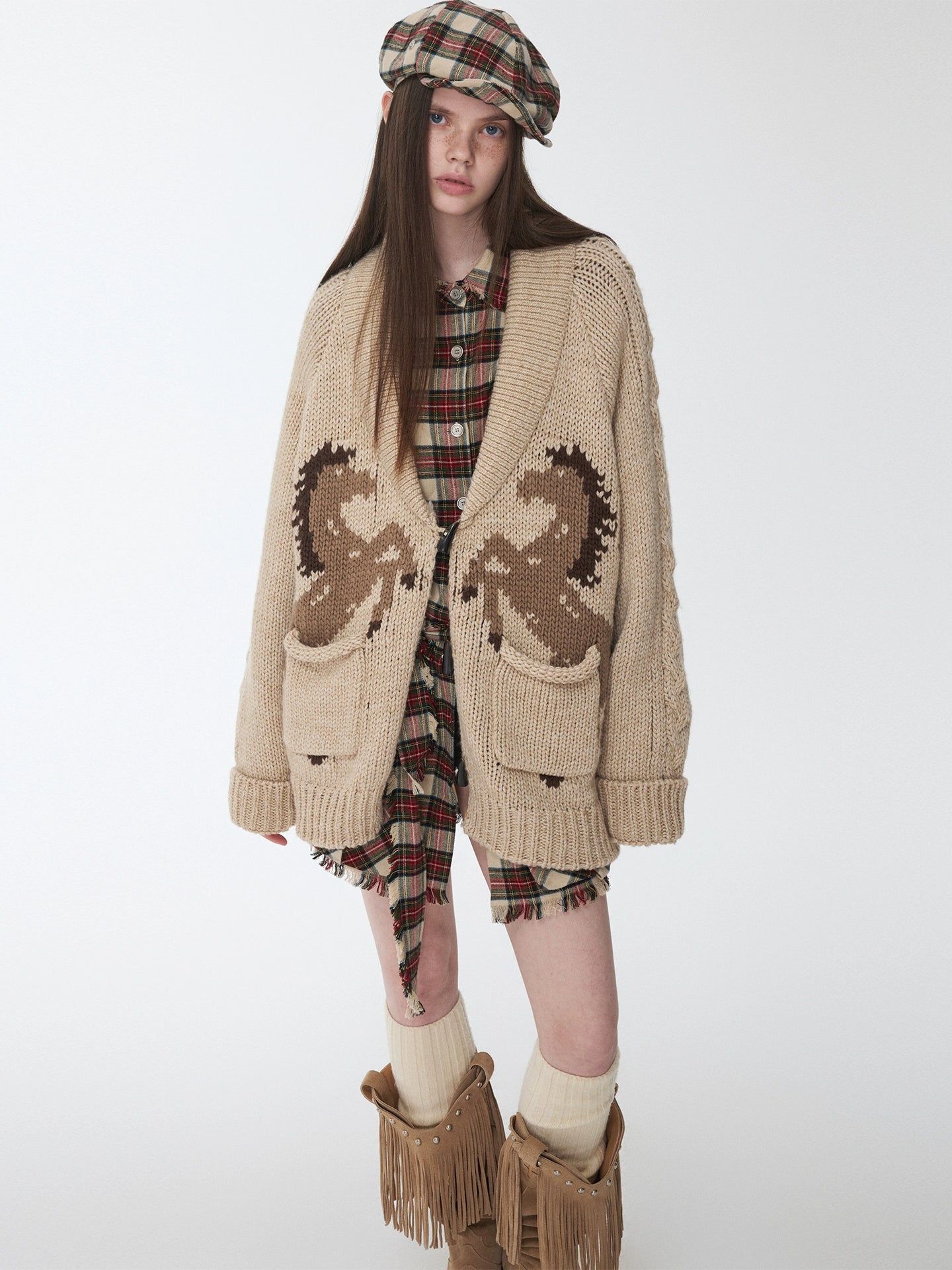 Pony Jacquard Horn-Button Chunky Cardigan