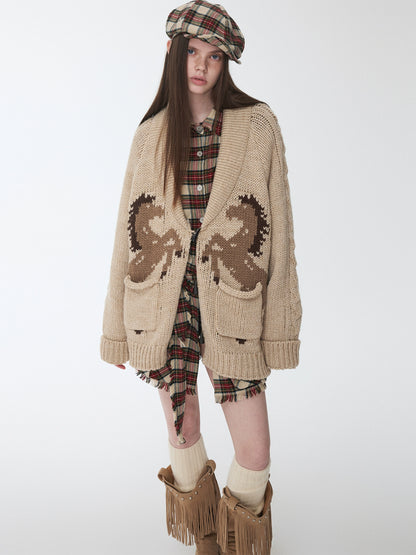 Pony Jacquard Horn-Button Chunky Cardigan