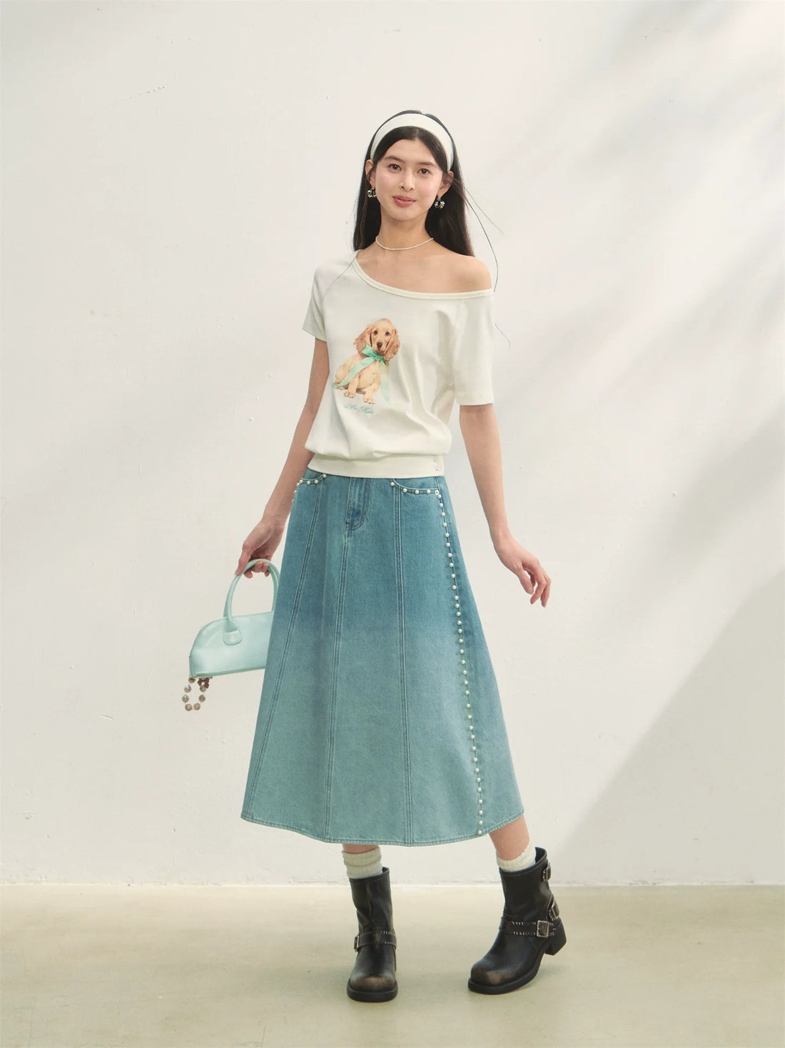 Beaded Washed Gradient Denim Skirt
