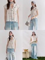 Lace Trim Ruffle V-Neck Blouse